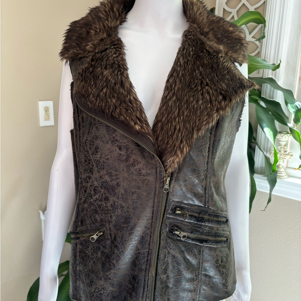Dots Brown Faux-Fur Collar Moto Vest